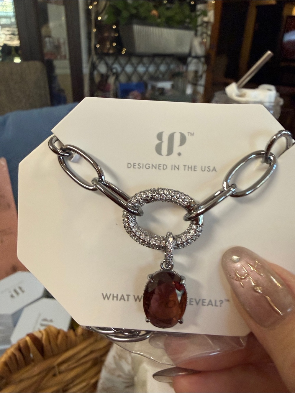 Sparkling Silver-Tone Chain Necklace with Deep Garnet Drop